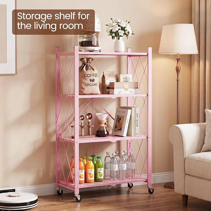 ALANNG 4 Tier Folding Storage Shelf on Wheels, Heavy Duty Metal Rolling Cart | - Image 6