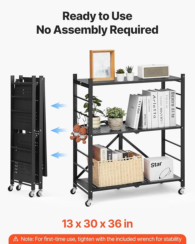 VEVOR 3-Tier Foldable Storage Shelf, 30W x 13D x 36H Inch Folding Metal Rack - Image 4