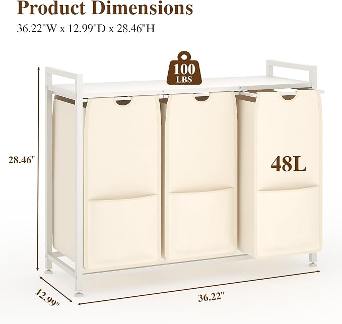 Laundry Sorter 36.6x13x28.5 in, Heavy Duty Metal Basket, Pull-Out 48L Bags - Image 3