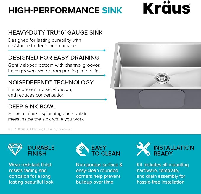KRAUS Standart PRO 28-inch 16 Gauge Undermount Single Bowl Stainless Steel - Image 12