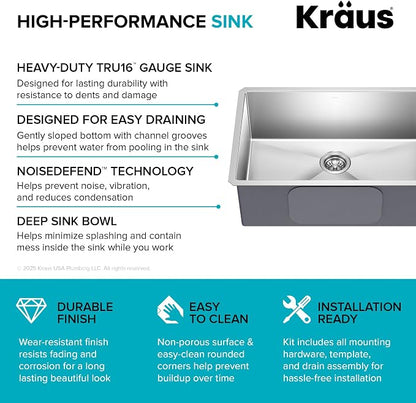 KRAUS Standart PRO 28-inch 16 Gauge Undermount Single Bowl Stainless Steel - Image 12
