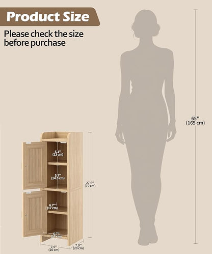Akxomel Rattan Small Bathroom Cabinet Narrow Toilet Paper Organizer Oak | - Image 2
