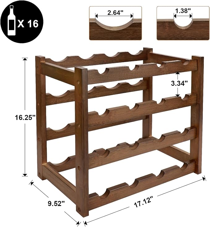 Bamboo Wine Rack, 4-Tier 16 Bottles Wine Storage Cabinet Shelf, Easy-Assembly - Image 2