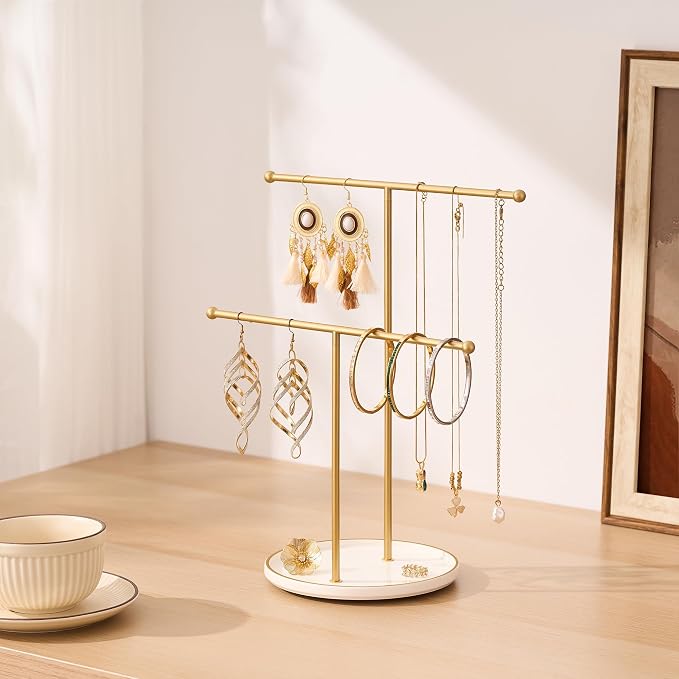 Gold Jewelry Holder Stand with Ceramic Tray: Small Hanging Necklace Organizer - Image 5