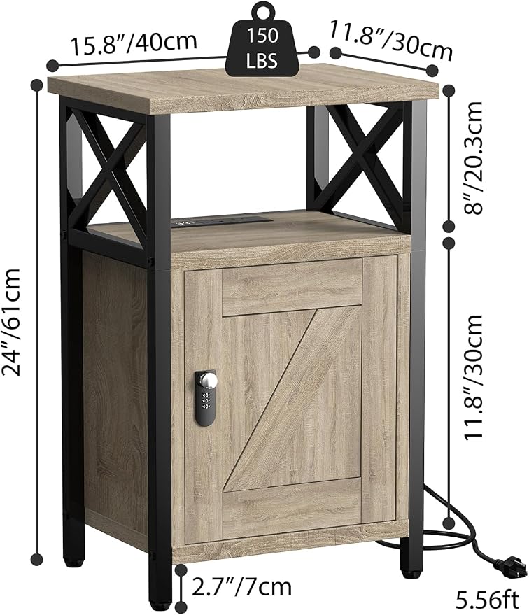 runjuly Wooden Nightstand with Lock Cabinet and Charging Station, Greige | 1 - Image 3