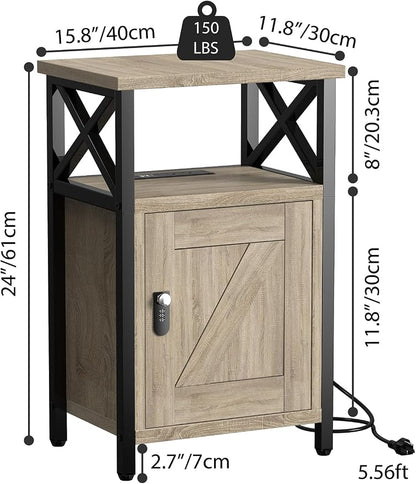 runjuly Wooden Nightstand with Lock Cabinet and Charging Station, Greige | 1 - Image 3