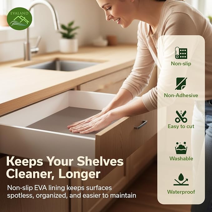 EVALAND Shelf Liners for Kitchen Cabinets Non-Adhesive 17.7" x 33 FT Beige - Image 4