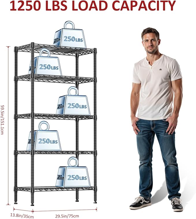 IZEUK 5-Tier Black Metal Storage Shelves, Heavy Duty Wire Shelving Unit - Image 3