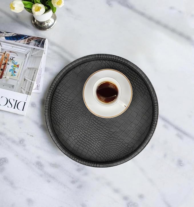 HofferRuffer Faux Leather Round Serving Tray, Vegan Croco Leather Decorative - Image 4