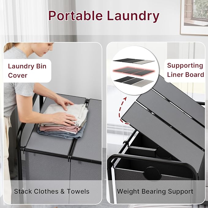 180L Laundry Sorter 3 Section – Heavy Duty Rolling Laundry Basket - Image 5