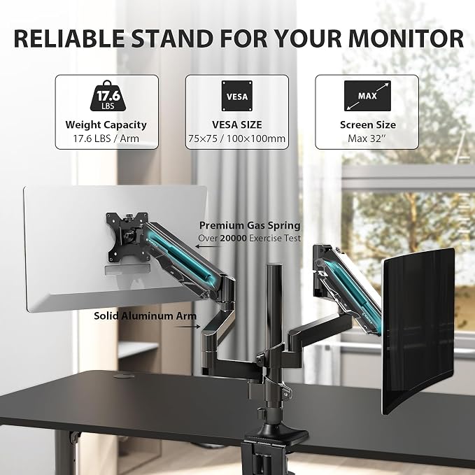 EUREKA ERGONOMIC Dual Monitor Stand, Fully Adjustable Gas Spring Double Monitor - Image 6