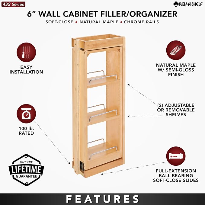 Rev-A-Shelf Kitchen Cabinet Pullout Wall Filler Wooden Organizer Slide Out - Image 4