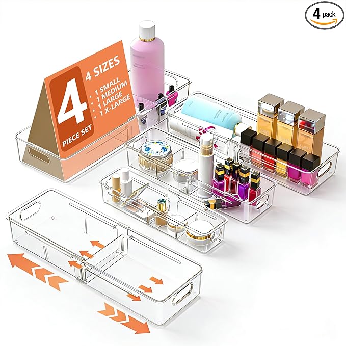 REBECAT 4 Pcs Expandable Clear Drawer Organizers, Adjustable Drawer Organizer by REBECAT
