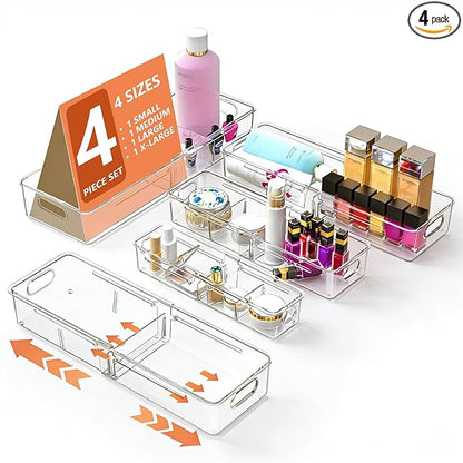 REBECAT 4 Pcs Expandable Clear Drawer Organizers, Adjustable Drawer Organizer by REBECAT