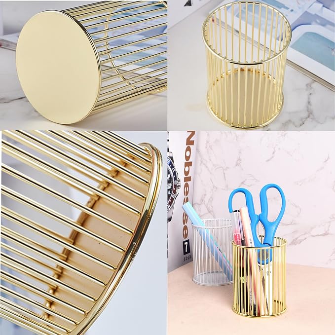 Gold Metal Pen Holder Cup for Desk Makeup Brushes Pencil Holders Home Office - Image 3