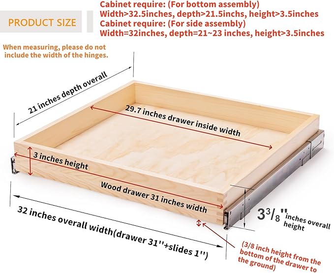 32''W x 21''D x 3''H Pull Out Cabinet Drawer Soft Close Slide Out Wood Organizer - Image 3