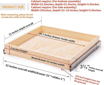 32''W x 21''D x 3''H Pull Out Cabinet Drawer Soft Close Slide Out Wood Organizer - Image 3