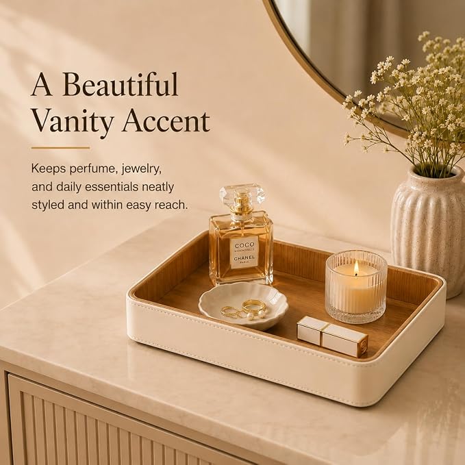GORESE Rectangle Perfume Tray for Dresser, PU Leather Jewelry Tray for Vanity - Image 3