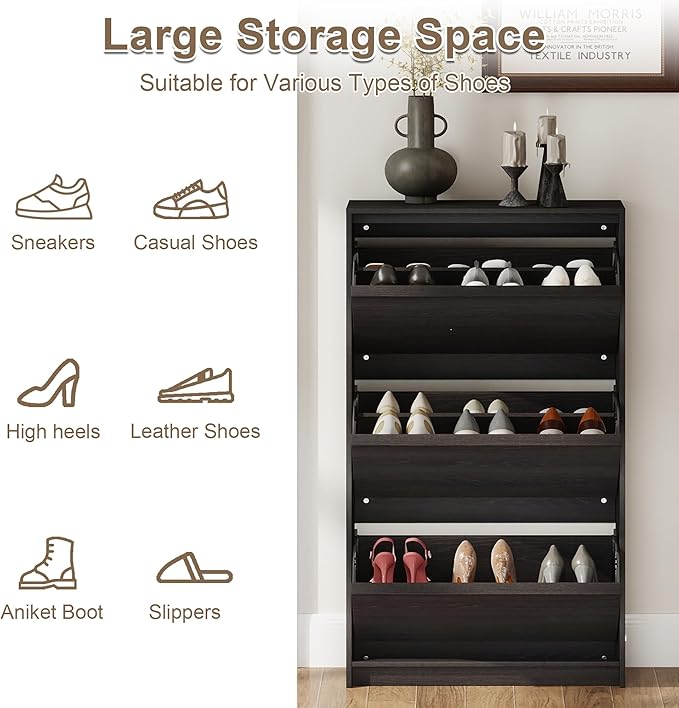 Shoe Cabinet with 3 Flip Drawers, 23.62" W Narrow Shoe Storage Cabinet - Image 4