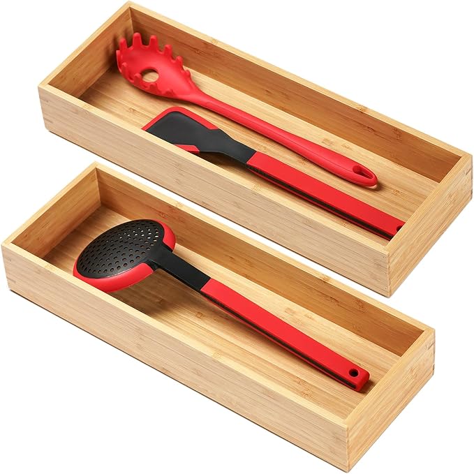 Umilife Bamboo Kitchen Utensils Organizer, Extra Long High Silverware Drawer by Umilife