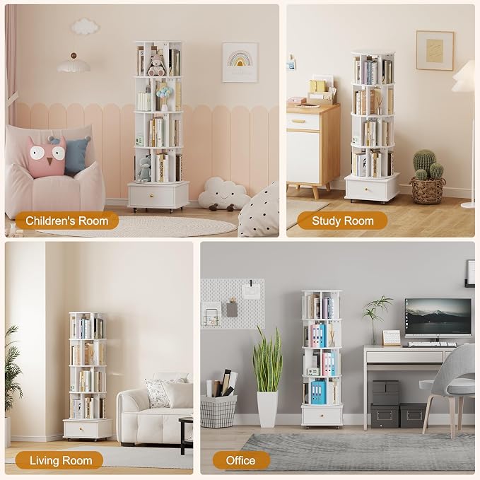 Rotating Bookshelf with Drawers on Lockable Wheels Wood White | 5 Tier Spinning - Image 8