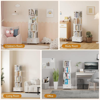 Rotating Bookshelf with Drawers on Lockable Wheels Wood White | 5 Tier Spinning - Image 8