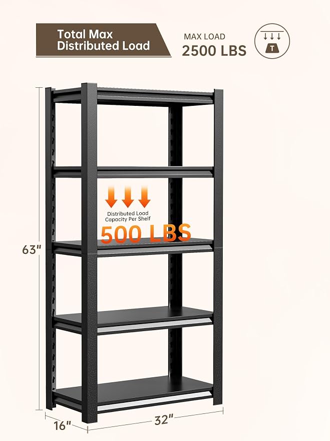JHYKHG 63" H Storage Shelves, 5-Tier Heavy Duty Garage Shelving, Adjustable - Image 3