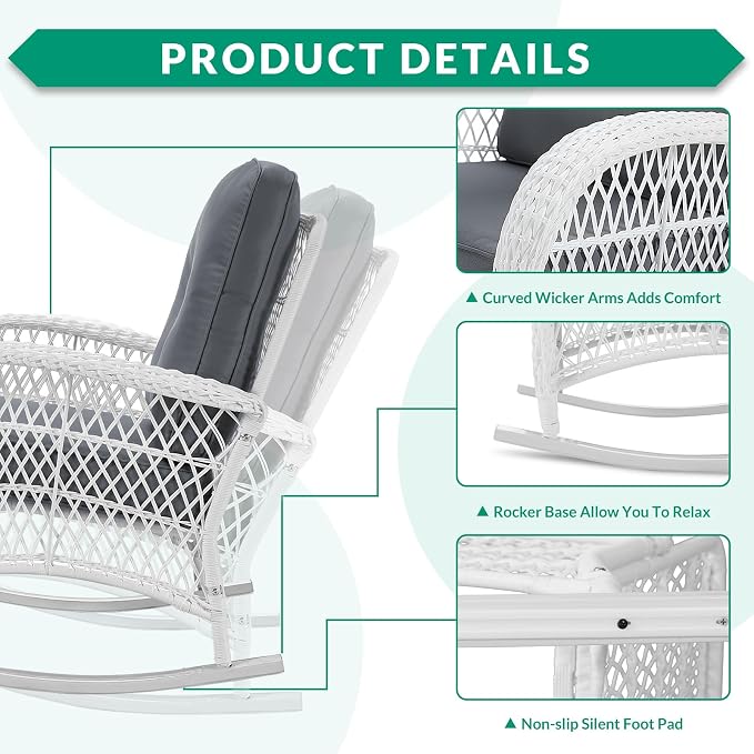VIVIJASON 2 Piece Patio Wicker Rattan Rocker Chair, Outdoor Rattan Rocker Chair - Image 4