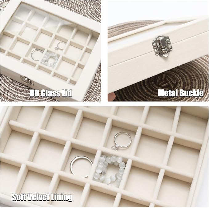 Small Velvet Jewelry Tray with Clear Lid, 24 Grids Beige | Lockable Ring - Image 3