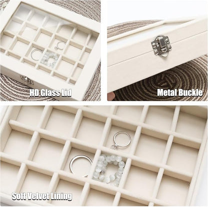 Small Velvet Jewelry Tray with Clear Lid, 24 Grids Beige | Lockable Ring - Image 3