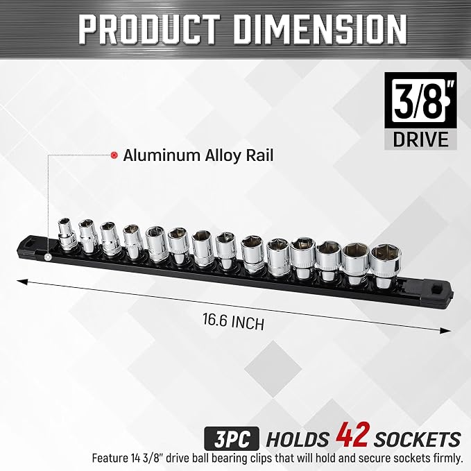 ALOANES 3-Piece Magnetic Socket Organizer, Heavy Duty Aluminum Socket Rails - Image 2