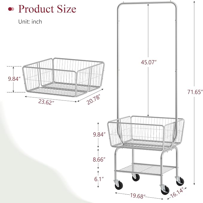 Tajsoon Laundry Cart with Hanging Rack, Metal Rolling Laundry Cart with Wheels - Image 7