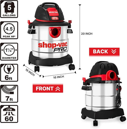Shop-Vac 5 Gallon 4.5 Peak HP Wet/Dry Vacuum, Stainless Steel Tank, Portable - Image 5