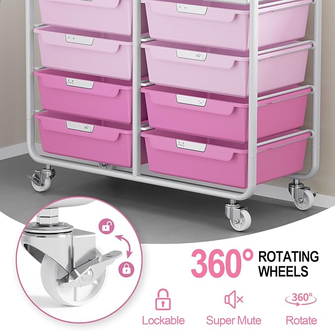 10 Drawers Rolling Cart with Wooden Tabletop, Utility Storage Cart with Wheels - Image 6
