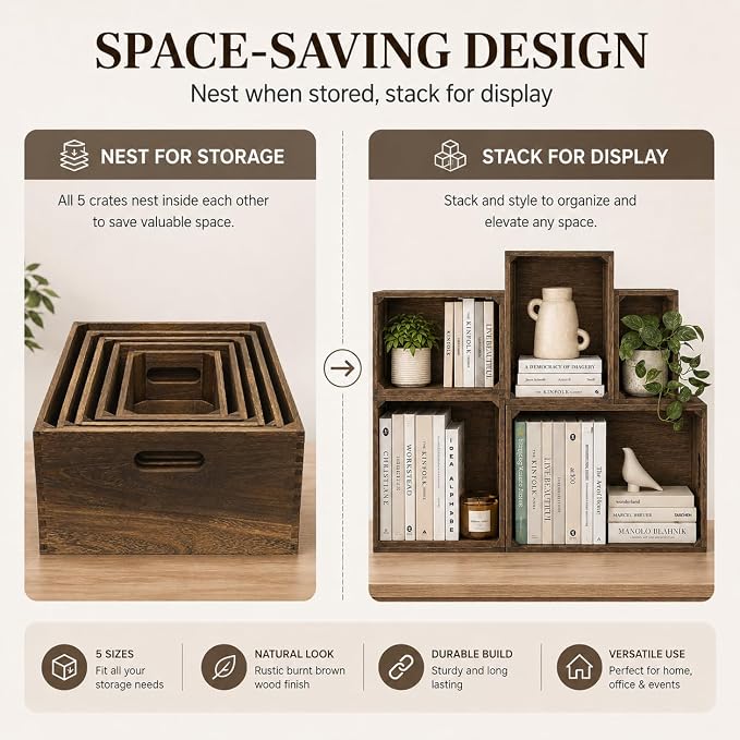 5 Pack Wooden Crates for Display Nesting Wood Crate for Storage - Image 4