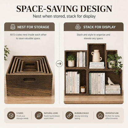 5 Pack Wooden Crates for Display Nesting Wood Crate for Storage - Image 4