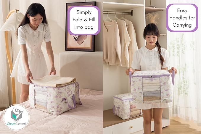 Designer Canvas Clothing Storage Bags 2 Pack Purple Floral Clothes Organizer - Image 3