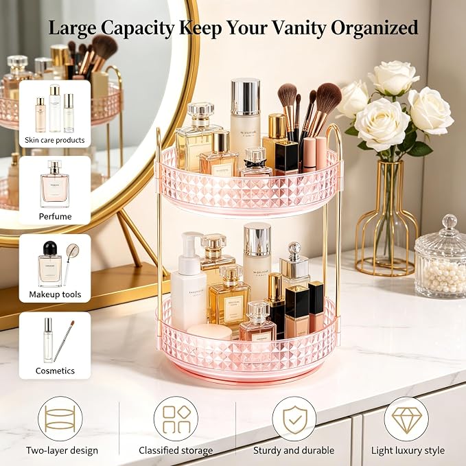 Fangoo 2 Tiers Pink Rotating Makeup Organizer - Image 5