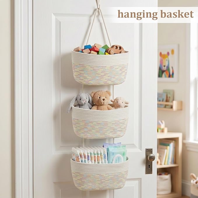 TeoKJ Over the Door Hanging Basket, 3-Tier Woven Cotton Wall-Mounted Storage - Image 4