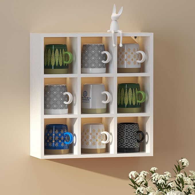 Helsin 9 Grid Vintage Coffee Mug Display Rack, 16inch Wall Mounted Wooden Curio by Helsin
