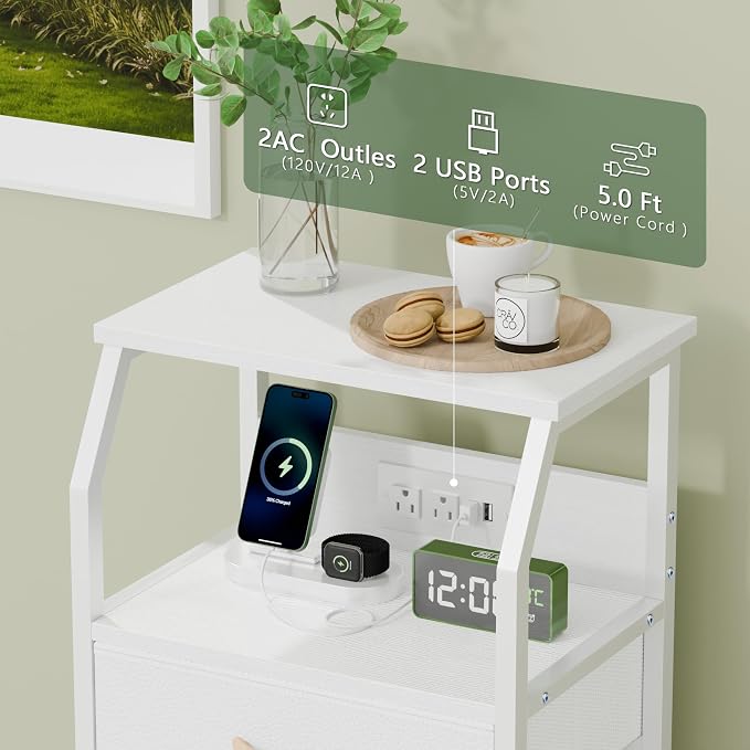 Furnulem White Nightstand with Charging Station, 3 Drawers Bedside Table | 28.3 - Image 8