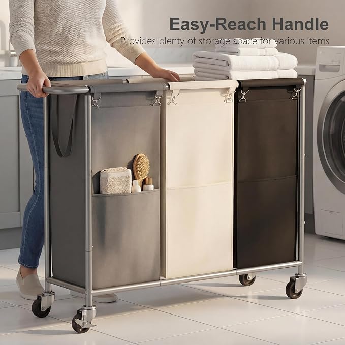 Heybly 3-Section Laundry Sorter Hamper, Rolling Laundry Hamper - Image 5