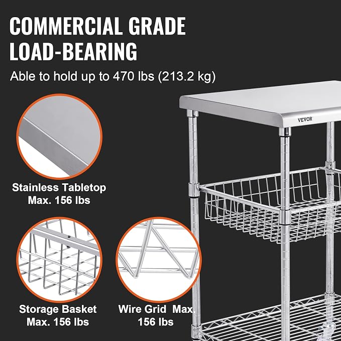 VEVOR Kitchen Utility Cart, 36.6"x20"x24" 3 Tiers Wire Rolling Cart, 470LBS - Image 3