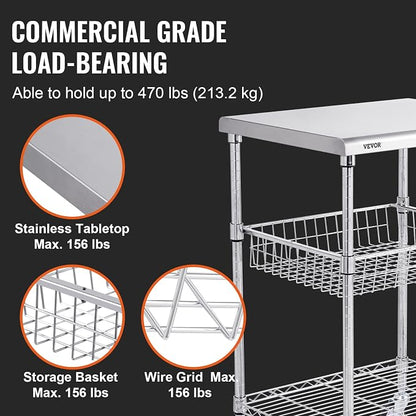 VEVOR Kitchen Utility Cart, 36.6"x20"x24" 3 Tiers Wire Rolling Cart, 470LBS - Image 3