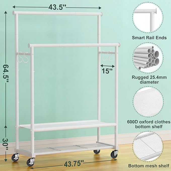 Double Rods Clothes Rack for Hanging Clothes, Heavy Duty Rolling Clothing Rack - Image 3