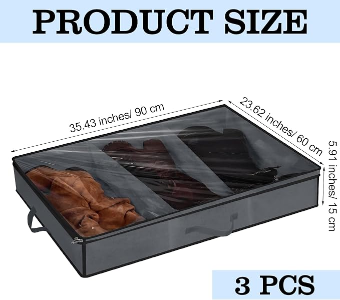 SATINIOR 3 Pcs 3 Section Under Bed Shoe Storage Boot Bag Grey and Black - Image 3