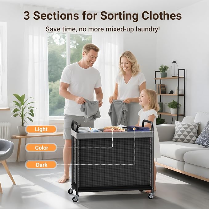 ELYKEN Laundry Hamper 3 Section, 120L Rolling Laundry Sorter - Image 6