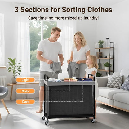 ELYKEN Laundry Hamper 3 Section, 120L Rolling Laundry Sorter - Image 6