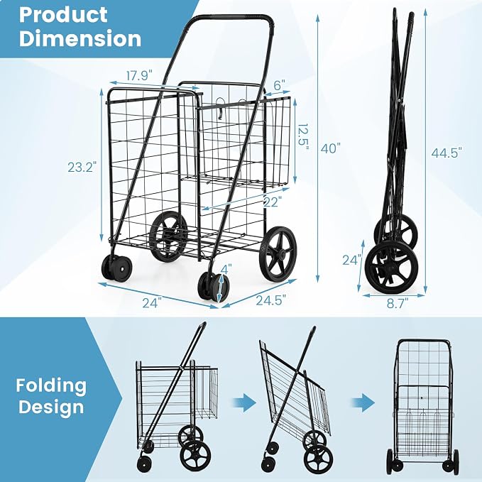 COSTWAY Folding Shopping Cart, Metal Grocery Cart - Image 8