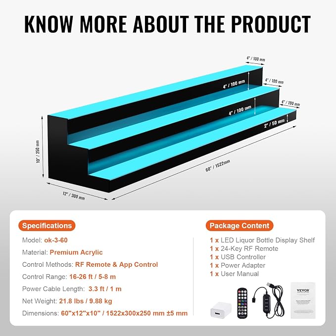 VEVOR LED Lighted Liquor Bottle Display Shelf, 3 Tiers 60 Inches, Supports USB - Image 6